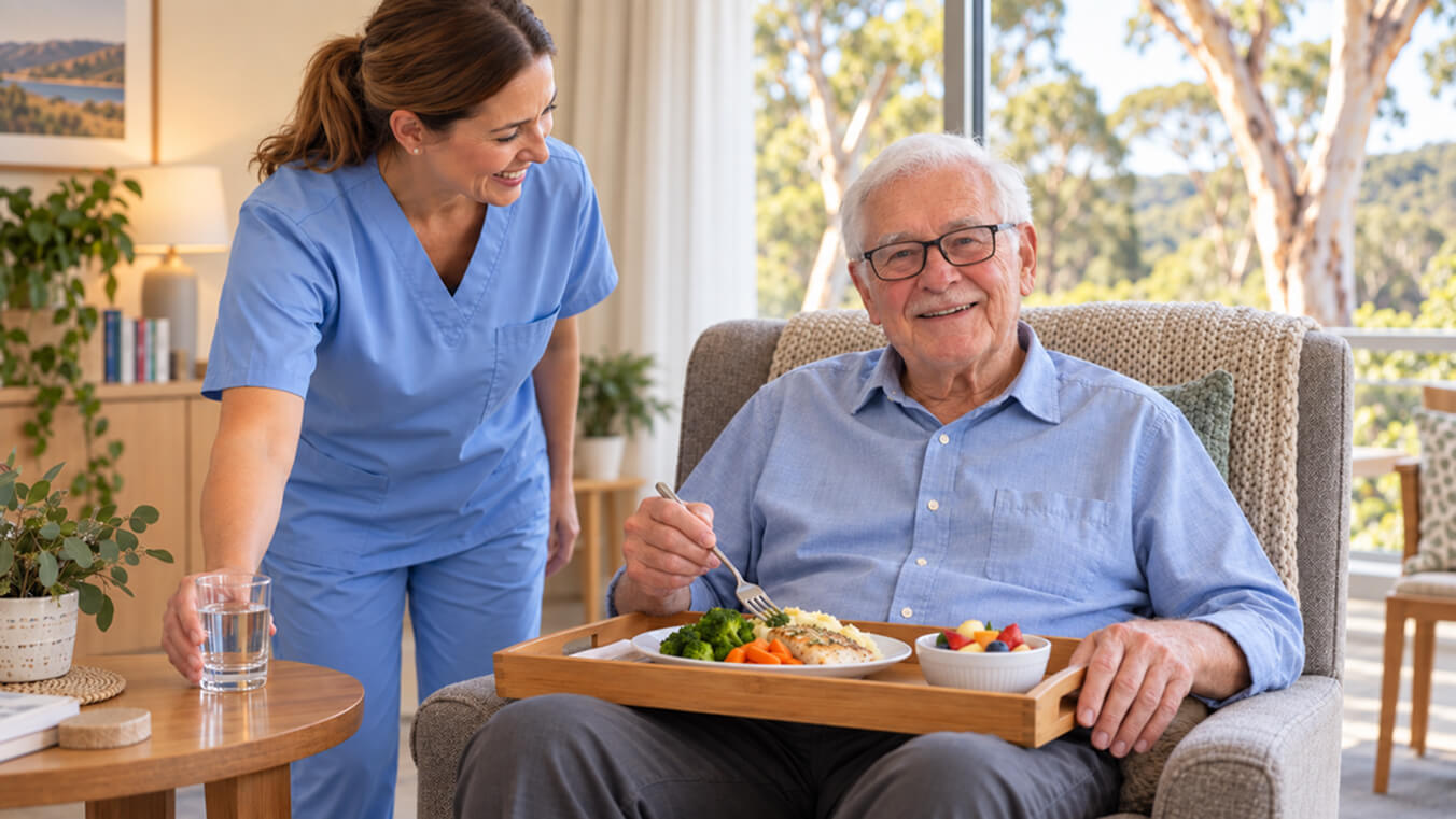 Elderly Australian veteran receiving meal support from an in-home carer as part of DVA respite care.