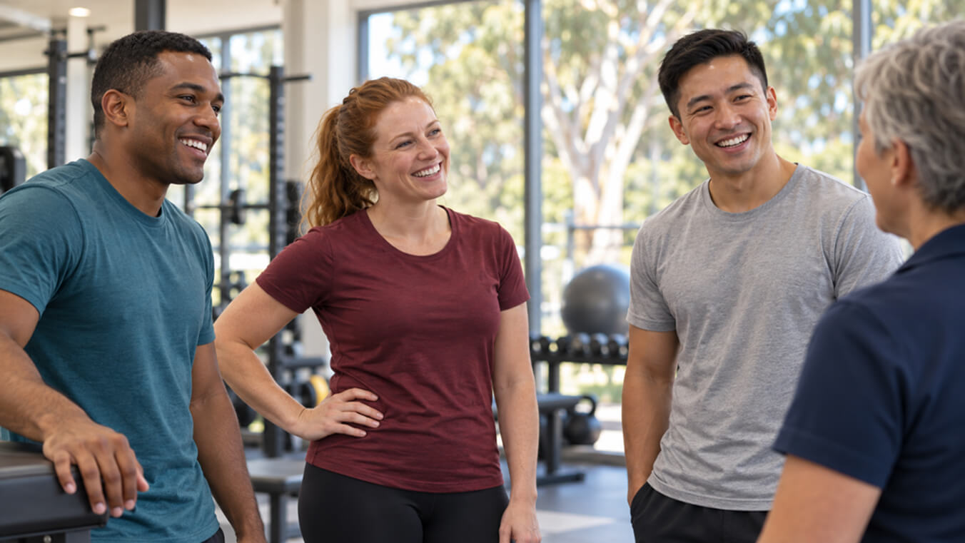Three Australian veterans chatting with an exercise physiologist in a modern clinic during a DVA exercise physiology session.