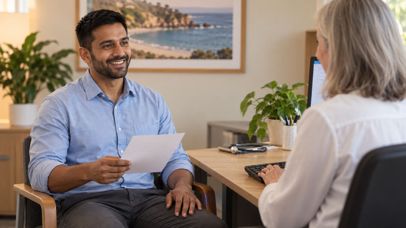 Young Australian veteran discussing DVA exercise physiology services with a GP while holding a referral document in a welcoming clinic.