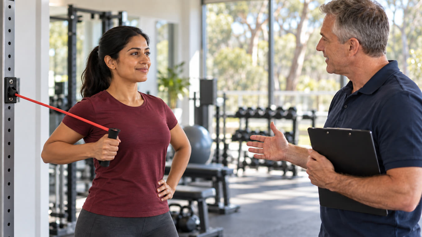 Australian veteran completing a resistance band exercise with guidance from an exercise physiologist during an individualised rehabilitation session.