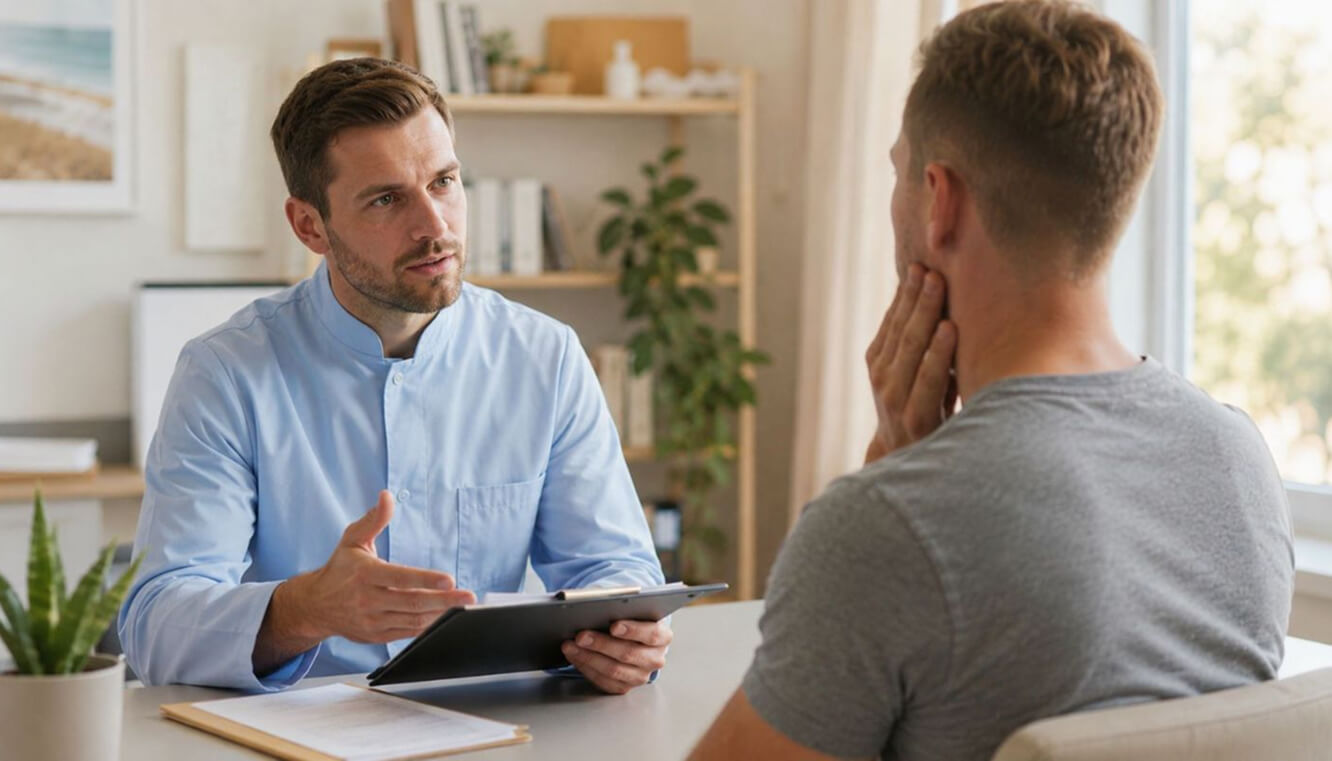 Veteran discussing DVA dental claim forms with a dental provider in a bright Australian clinic consultation room.