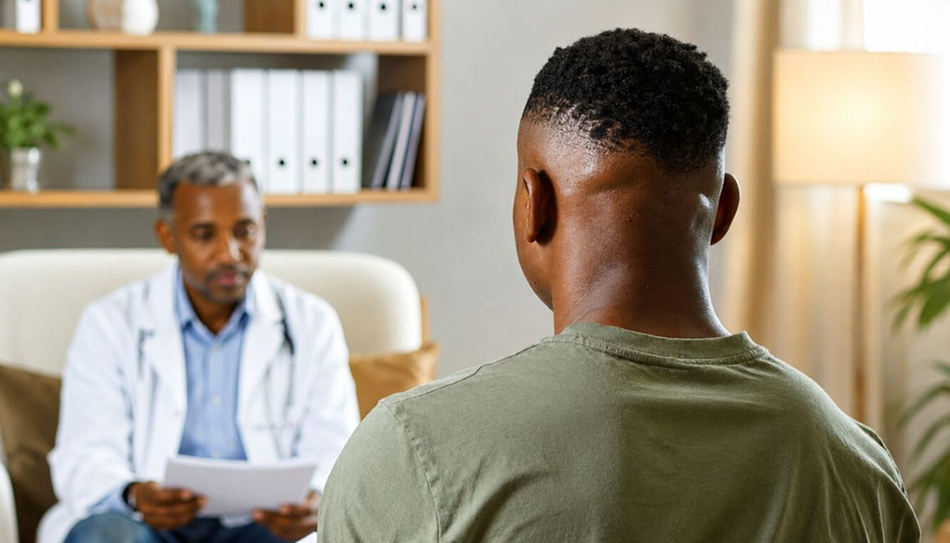 Veteran discussing a DVA dental treatment plan and prior approval paperwork with a healthcare provider.