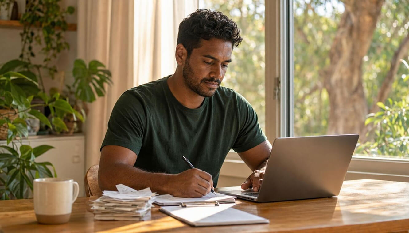 Veteran completing a DVA dental reimbursement claim online at home with receipts and paperwork.