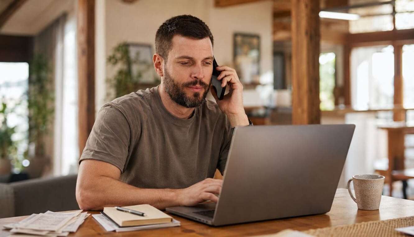 Veteran phoning to check DVA dental cover and claim options while using a laptop at home.