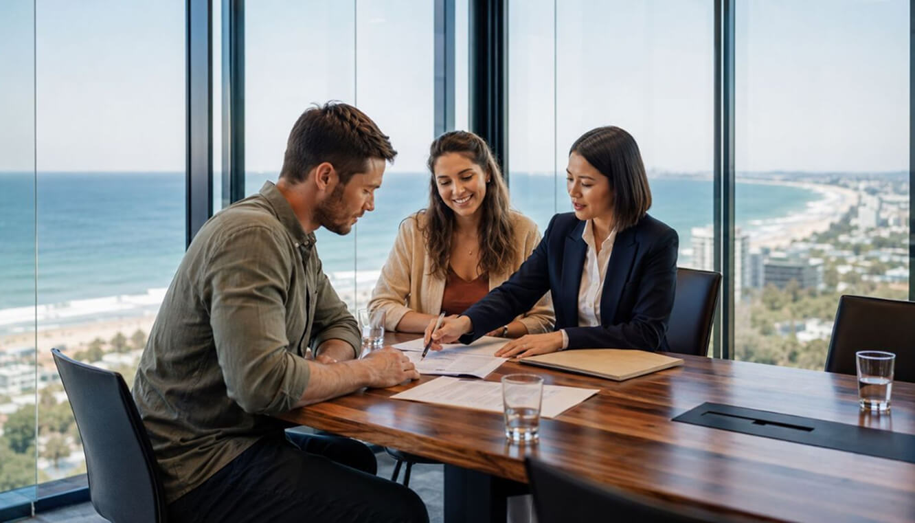Young Australian veteran reviewing placement support paperwork with two advisers in a modern coastal office.