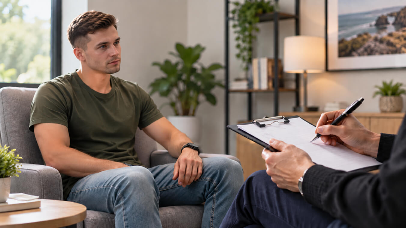 Veteran attending a vocational rehabilitation assessment while a consultant takes notes.