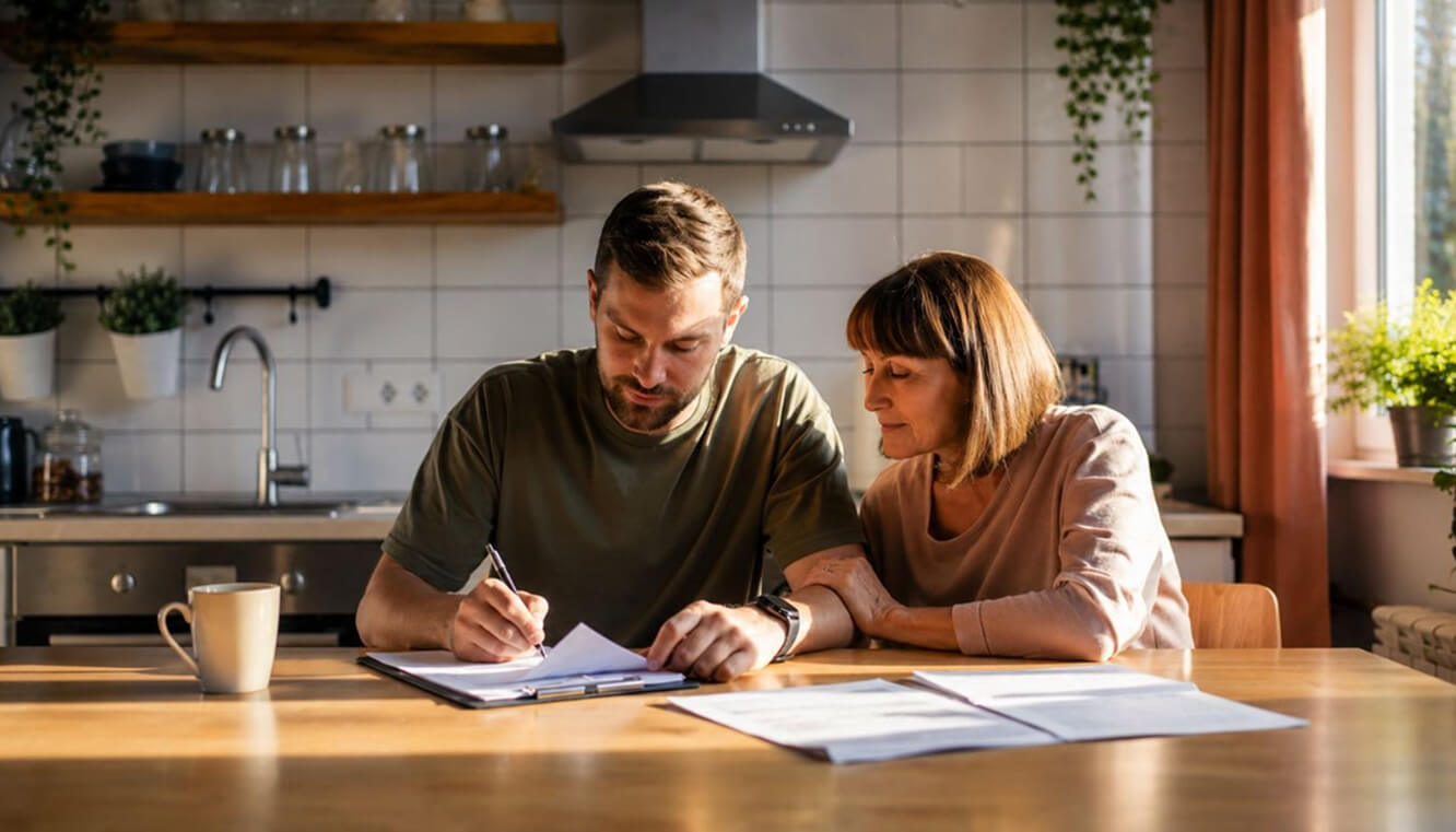 Veteran completing DVA claim paperwork at home with support from a family member.