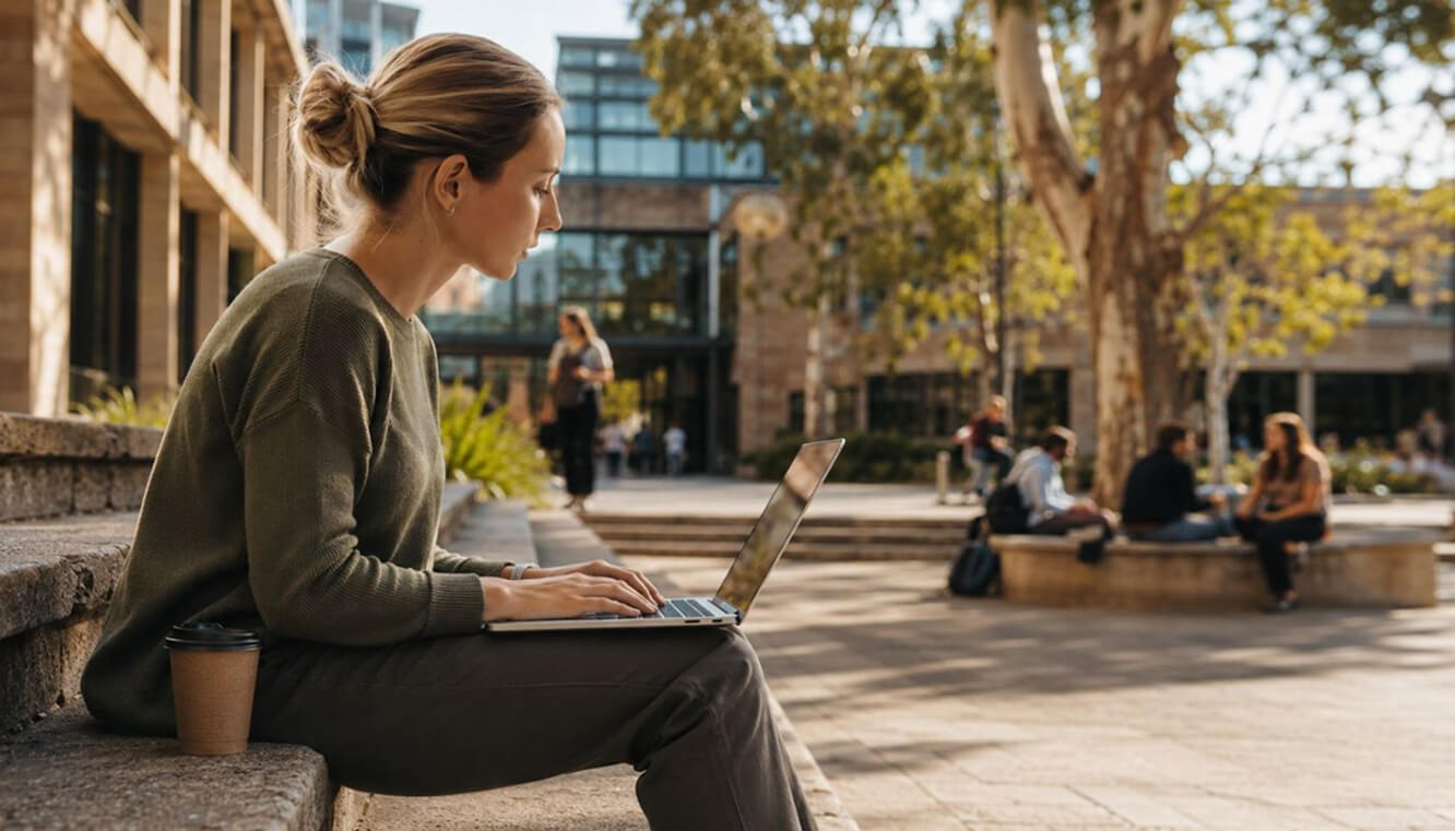 Young veteran studying on a laptop in an Australian university courtyard.