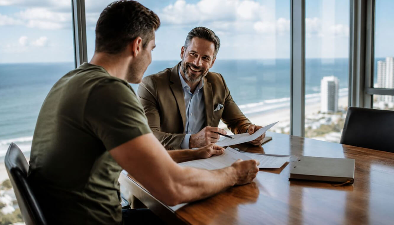 Young veteran discussing paperwork with a mentor in a bright Australian office.