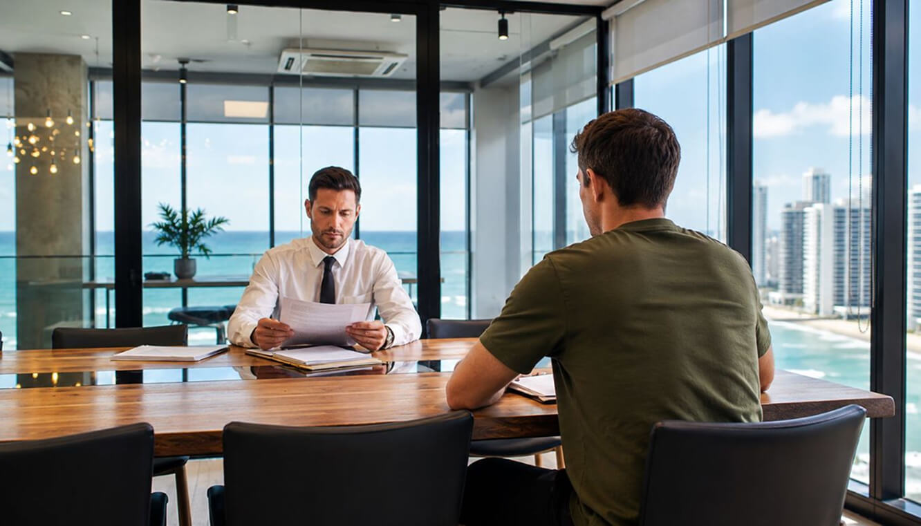 Young veteran discussing paperwork with a professional adviser in a bright Australian boardroom.