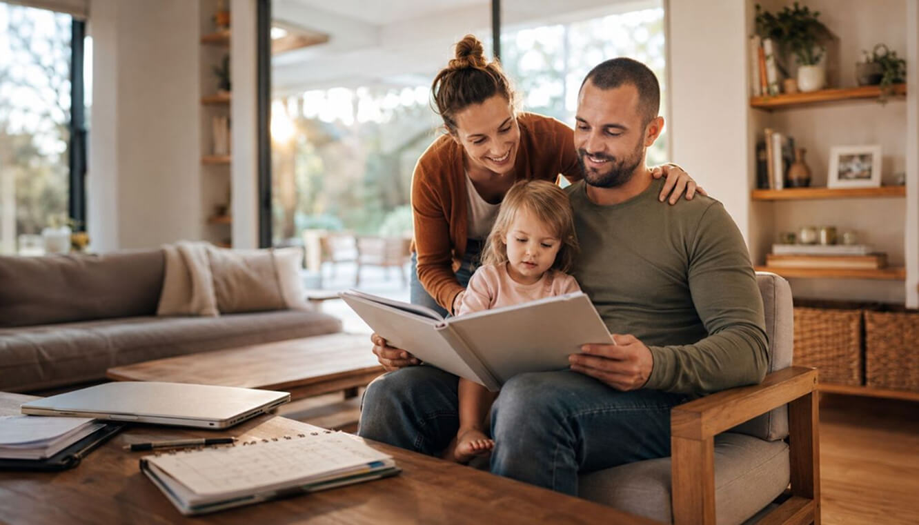 Young veteran reading with family at home while managing study and support paperwork.