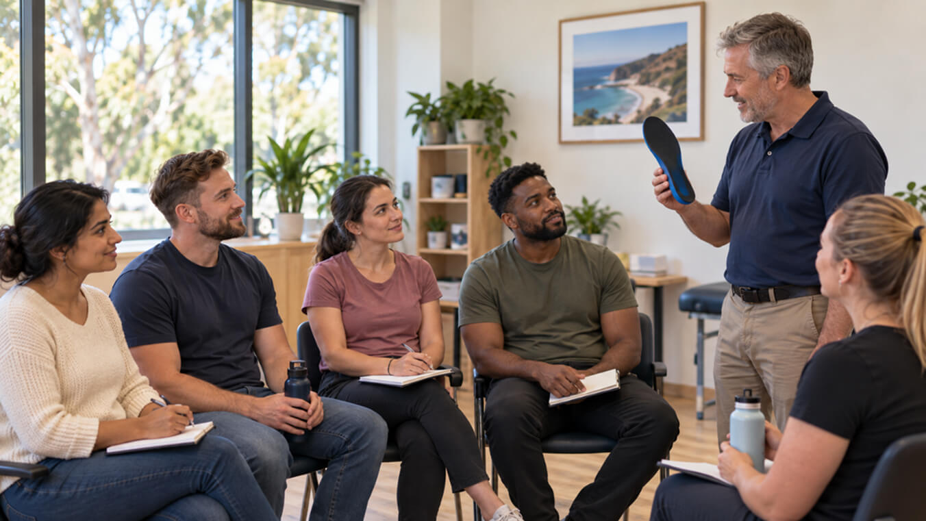 Diverse young veterans attending a DVA podiatry information session while a podiatrist demonstrates an orthotic insole in a bright community setting.