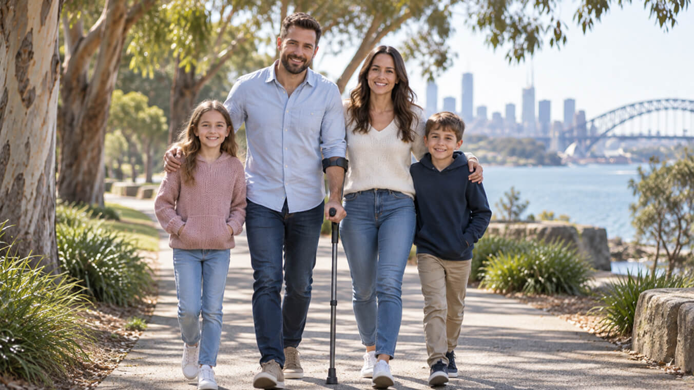 Australian veteran using a forearm crutch while walking with his family in a harbourside park near the Sydney Harbour Bridge.