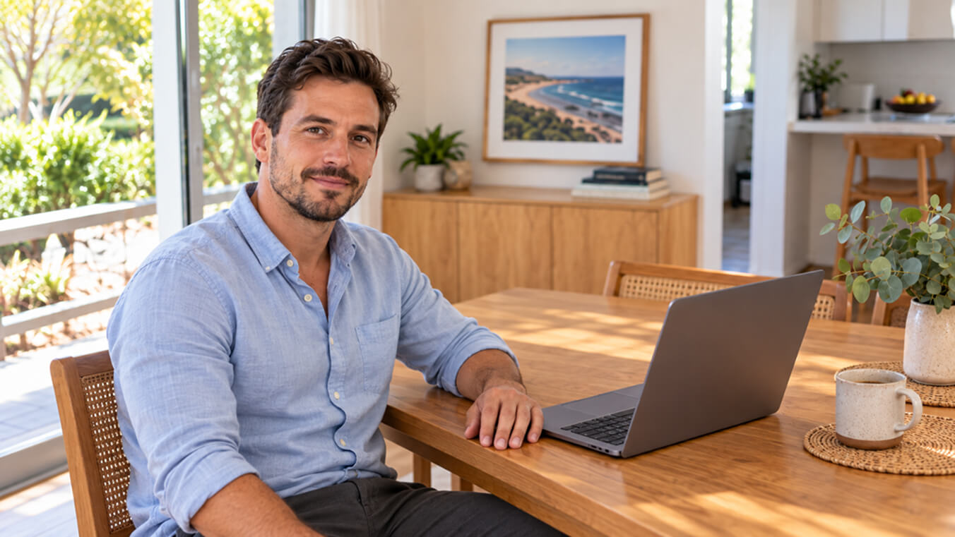 Young Australian veteran at home using a laptop at a dining table while reviewing information about the DVA Gold Card GST exemption.