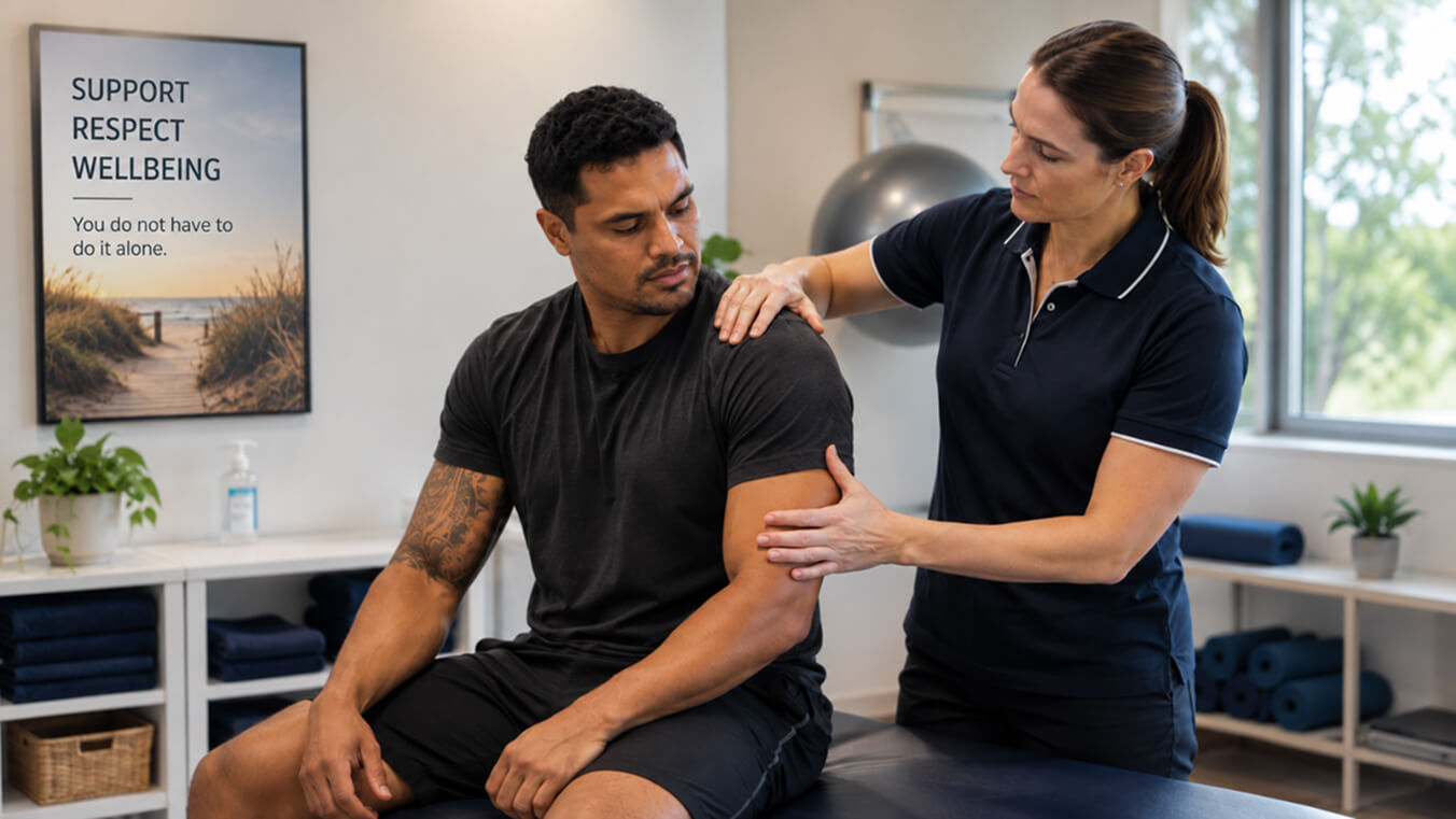Young Indigenous Australian veteran receiving physiotherapy for shoulder pain in a modern Australian allied health clinic.