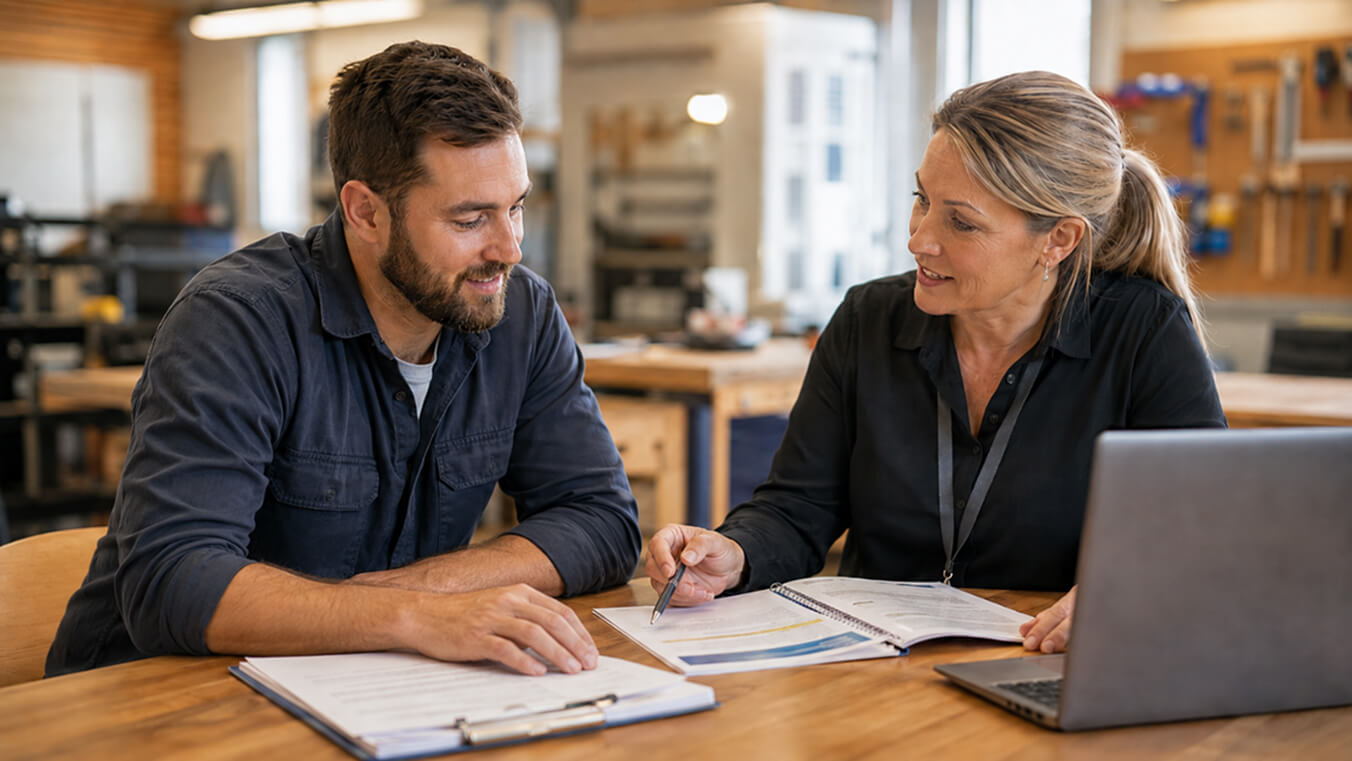 Veteran reviewing skills recognition options with an adviser at a TAFE training centre.