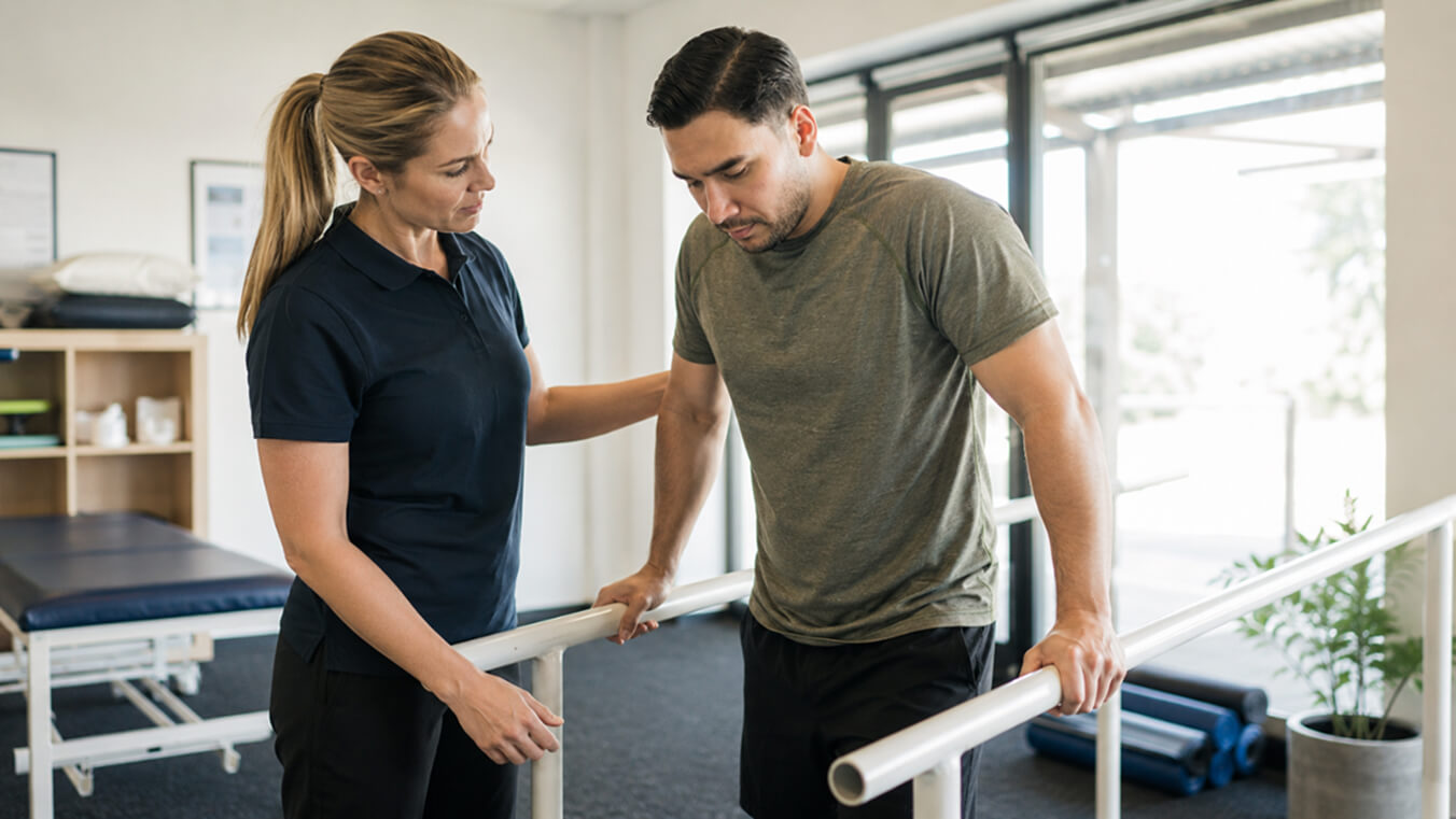 Veteran managing DVA chronic pain with a physiotherapist in an Australian clinic.