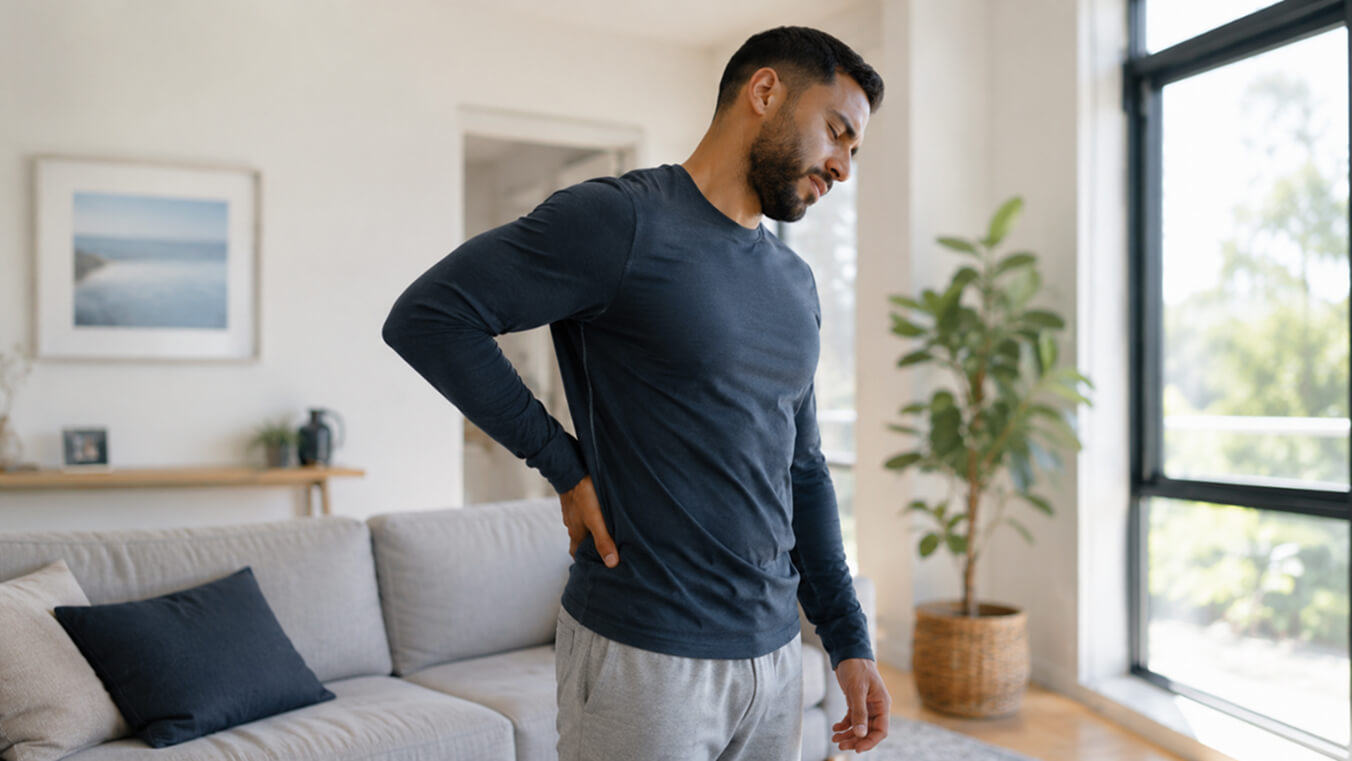 Veteran with a service-related condition experiencing chronic back pain at home.