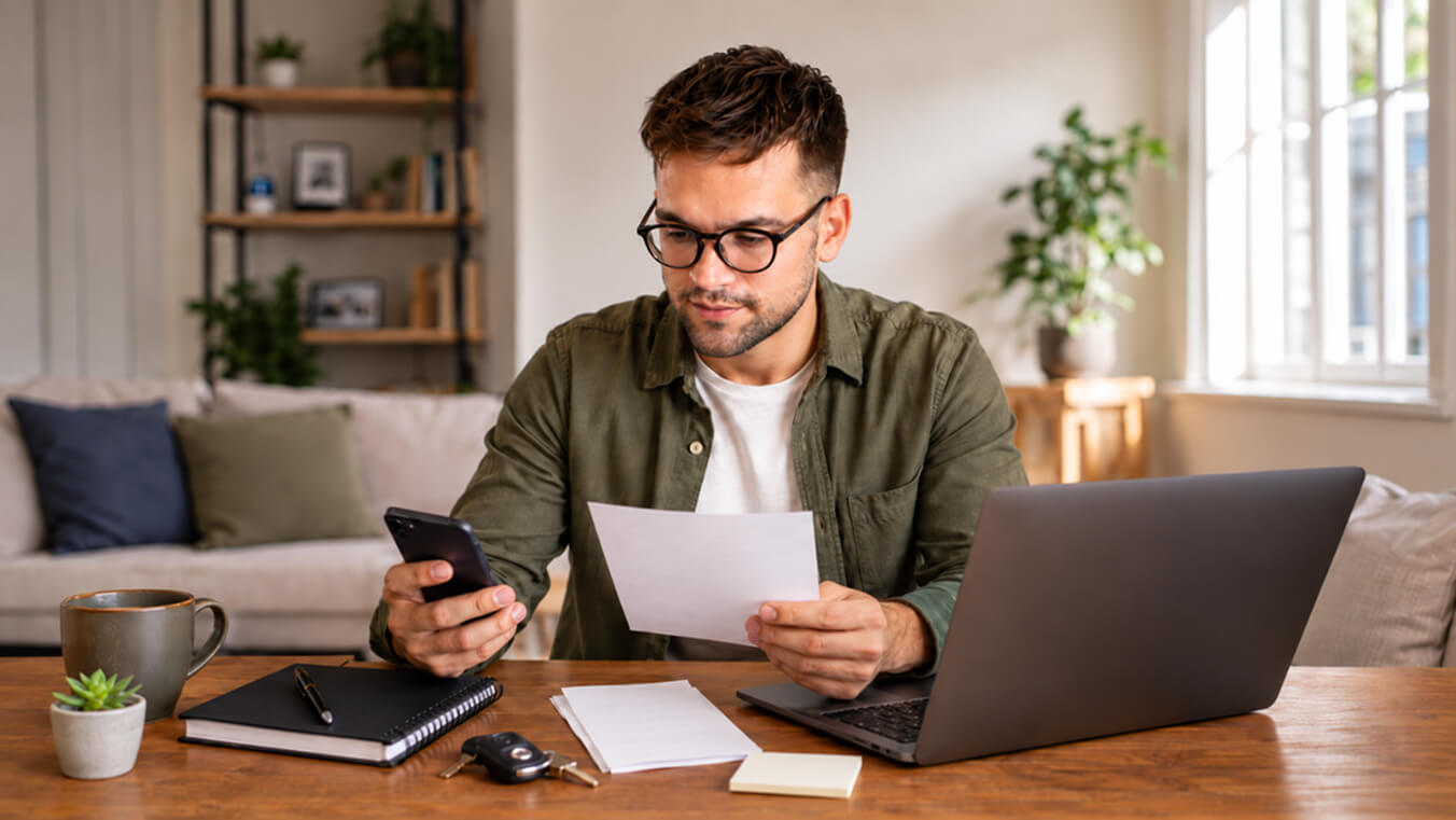 Young Australian veteran at a home-office desk using his phone while reviewing generic travel paperwork beside a laptop and car keys, representing DVA White Card transportation for medical treatment.