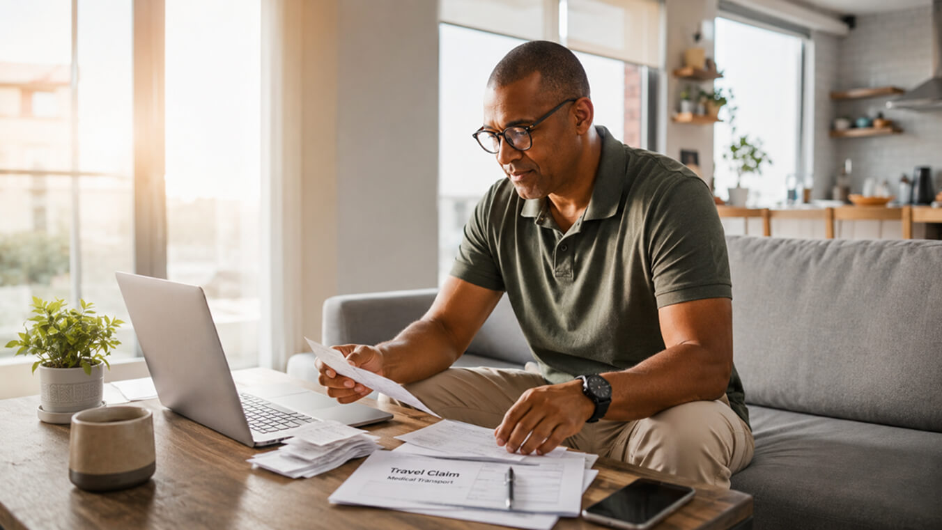 Veteran reviewing travel receipts to claim DVA reimbursement for medical transport.