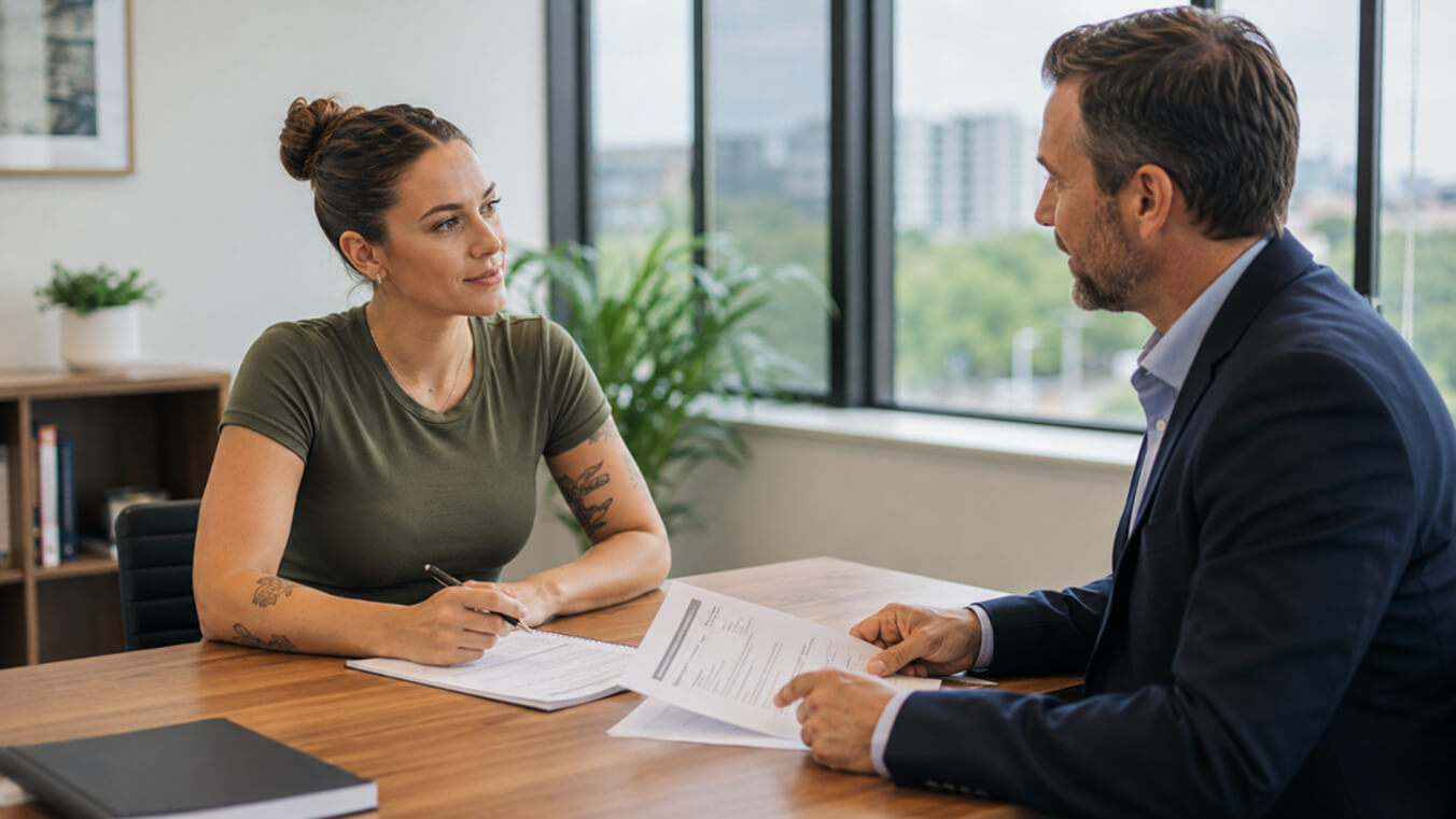 Female veteran discussing a DVA PTSD claim with a claims support adviser in a civilian office.
