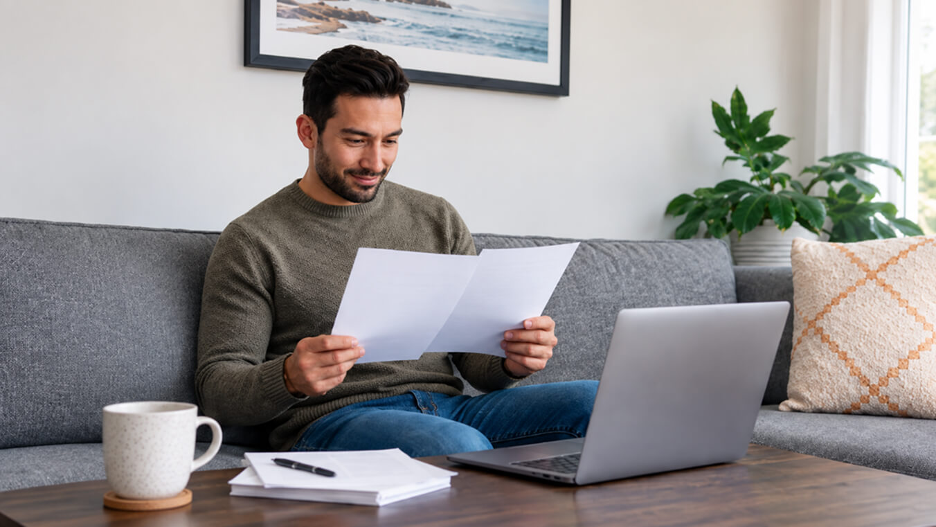 Young Australian veteran reviewing DVA discharge advice and hospital claim paperwork at home.