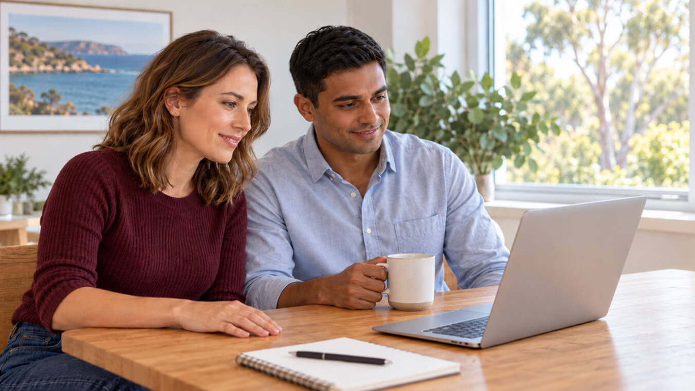 Two young Australian veterans reviewing Gold and White Card hospital coverage information together on a laptop at home.