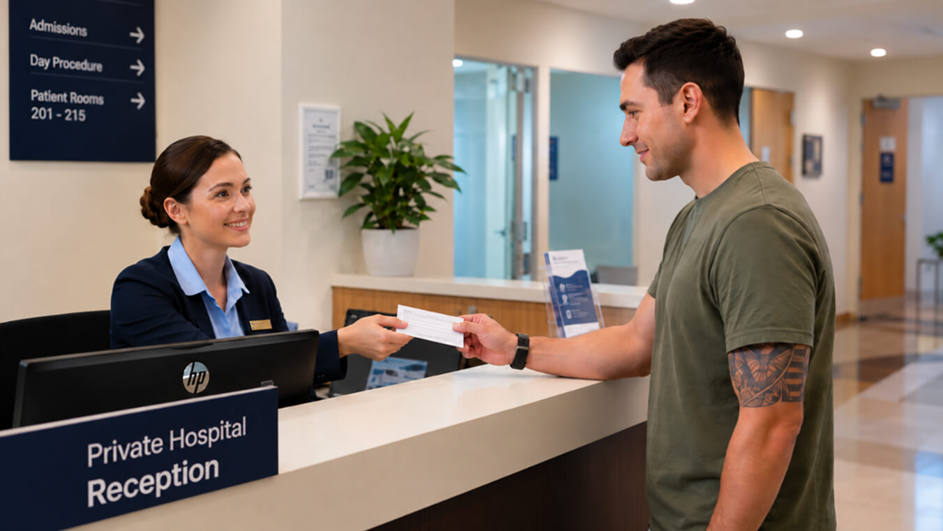 Veteran presenting a Veteran Card at a private hospital admission desk in Australia.