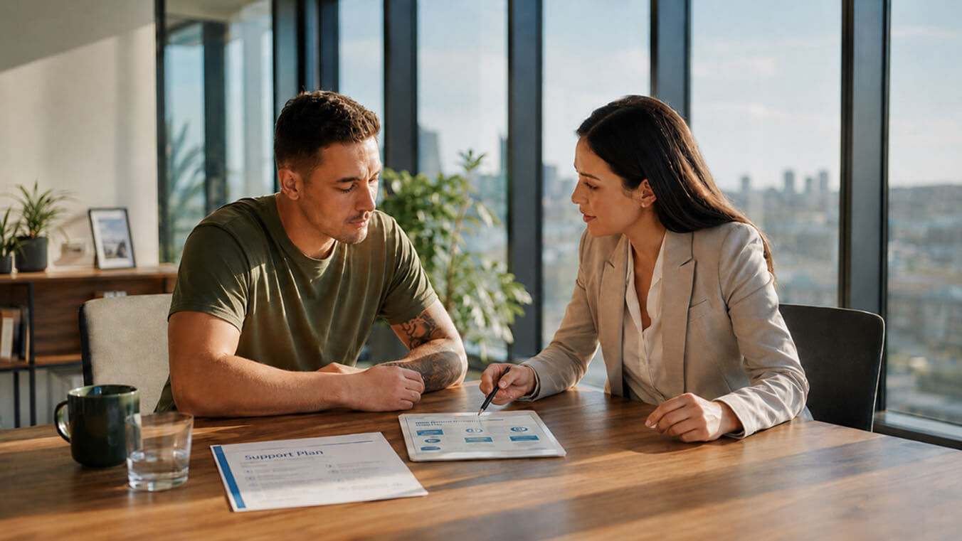 Young Australian veteran at home discussing a veterans assistance program for assisted living support with a home care worker.