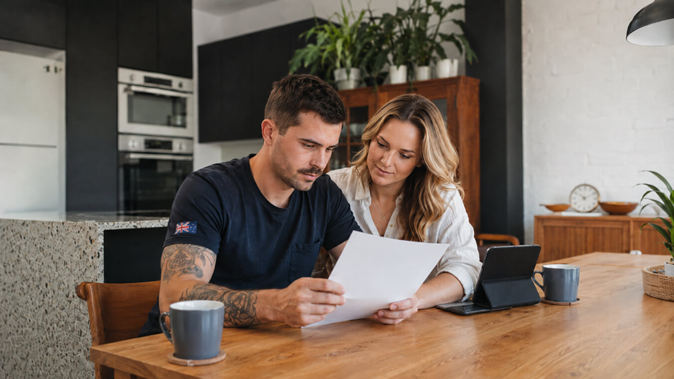 Young veteran reviewing a DVA legal advice decision letter at a kitchen table in an Australian home.