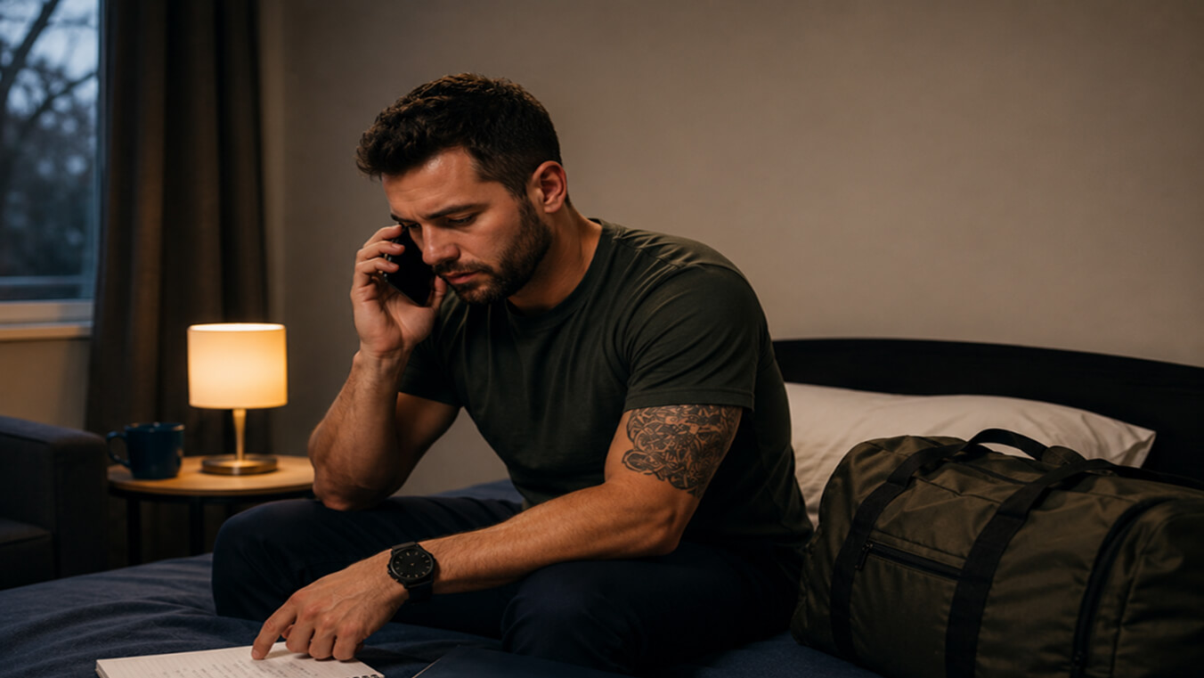 Young veteran sits on a bed in temporary accommodation, speaking on the phone beside a packed duffel bag while reviewing handwritten notes about emergency housing support.