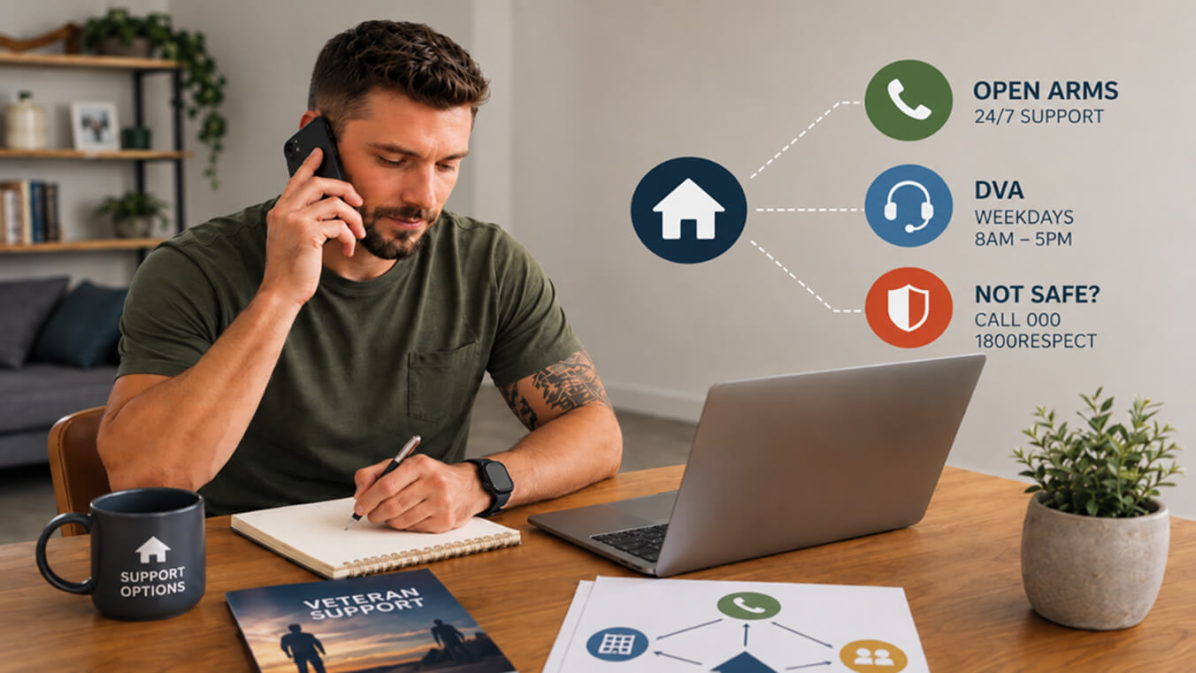 Young veteran speaks on the phone while taking notes beside a laptop, with simple icons showing several emergency housing and support options.