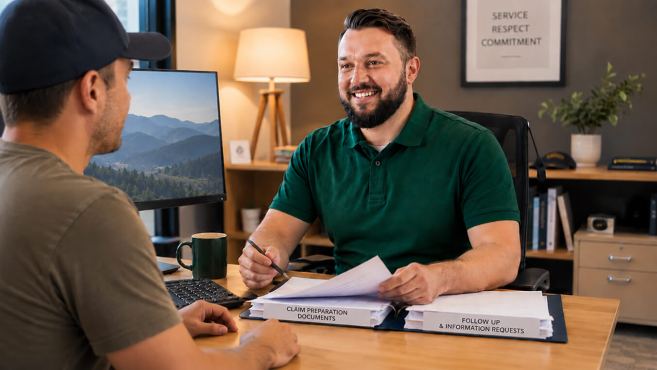 Veteran receiving professional DVA claims support during a consultation.