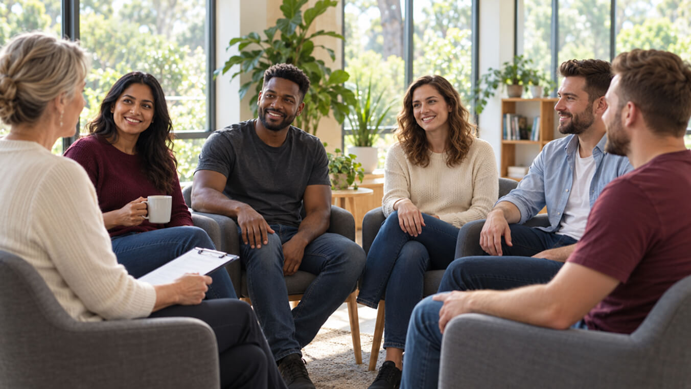 Diverse group of Australian veterans seated in a semi-circle during a supportive group therapy session led by a facilitator in a bright community centre.