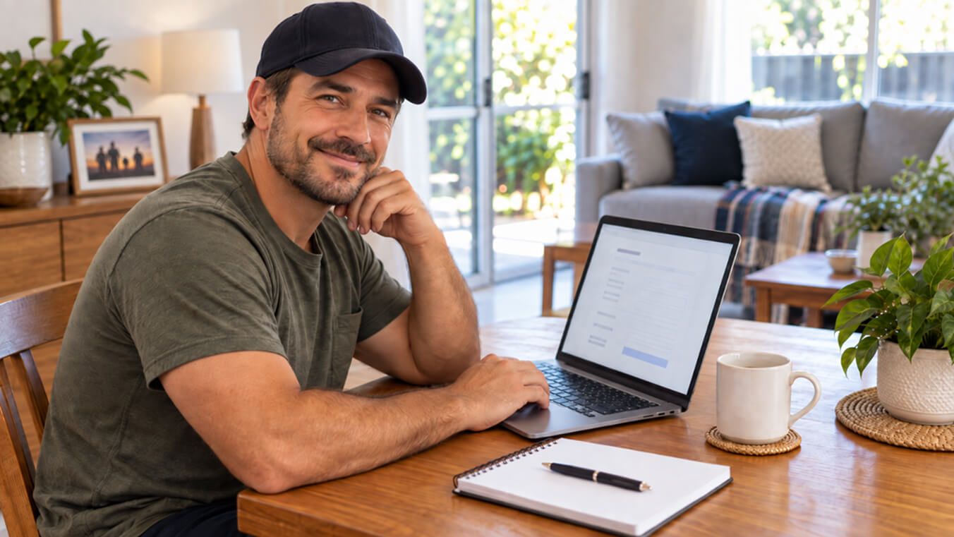 Young veteran sitting at a table at home using a laptop to complete a DVA income and assets assessment, with a notebook and coffee mug nearby.