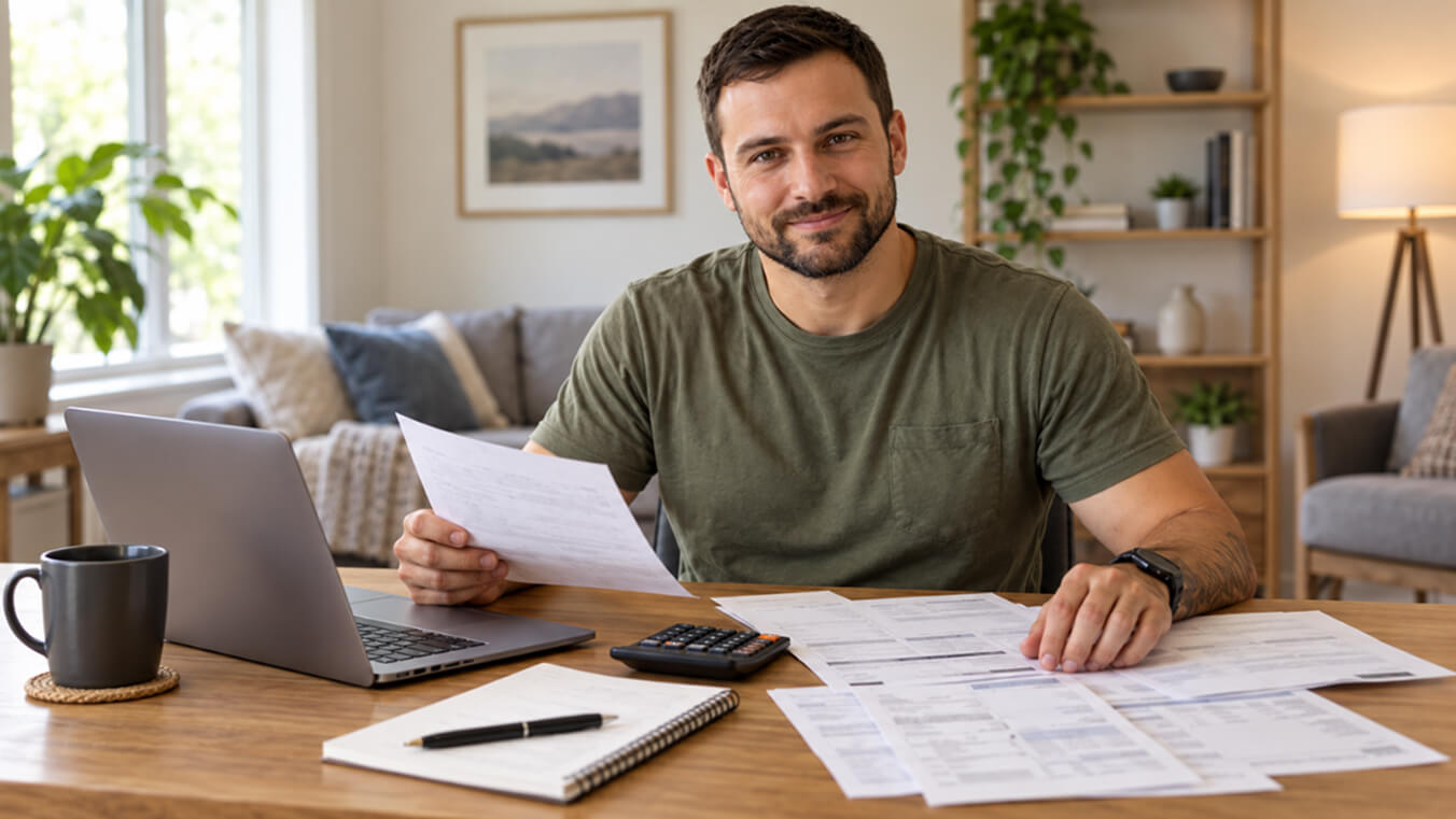 Young veteran at home reviewing and organising financial documents for a DVA income and assets assessment, with a laptop, calculator and notebook on the table.