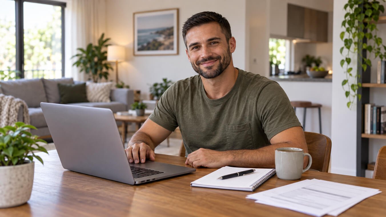 Young veteran at home using a laptop to apply for Veteran Payment online, with claim paperwork, a notebook and coffee mug on the table.