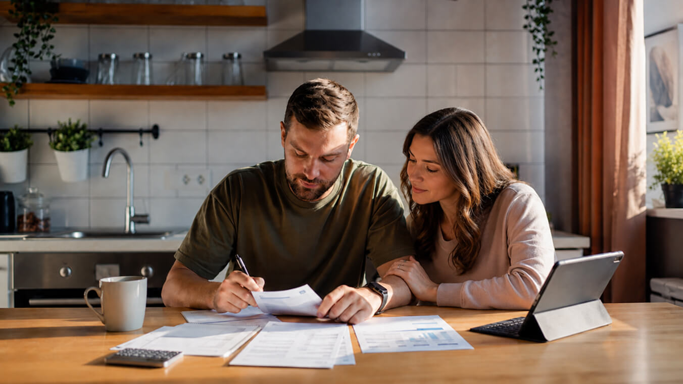 Couple reviewing income and assets against DVA test thresholds at home.