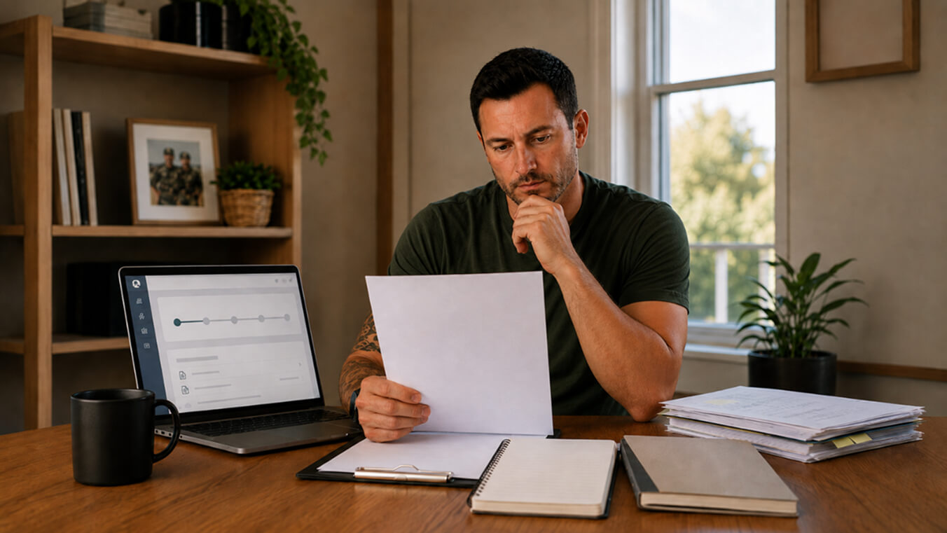 Young Australian veteran reviewing permanent impairment reassessment documents beside a laptop at home. 