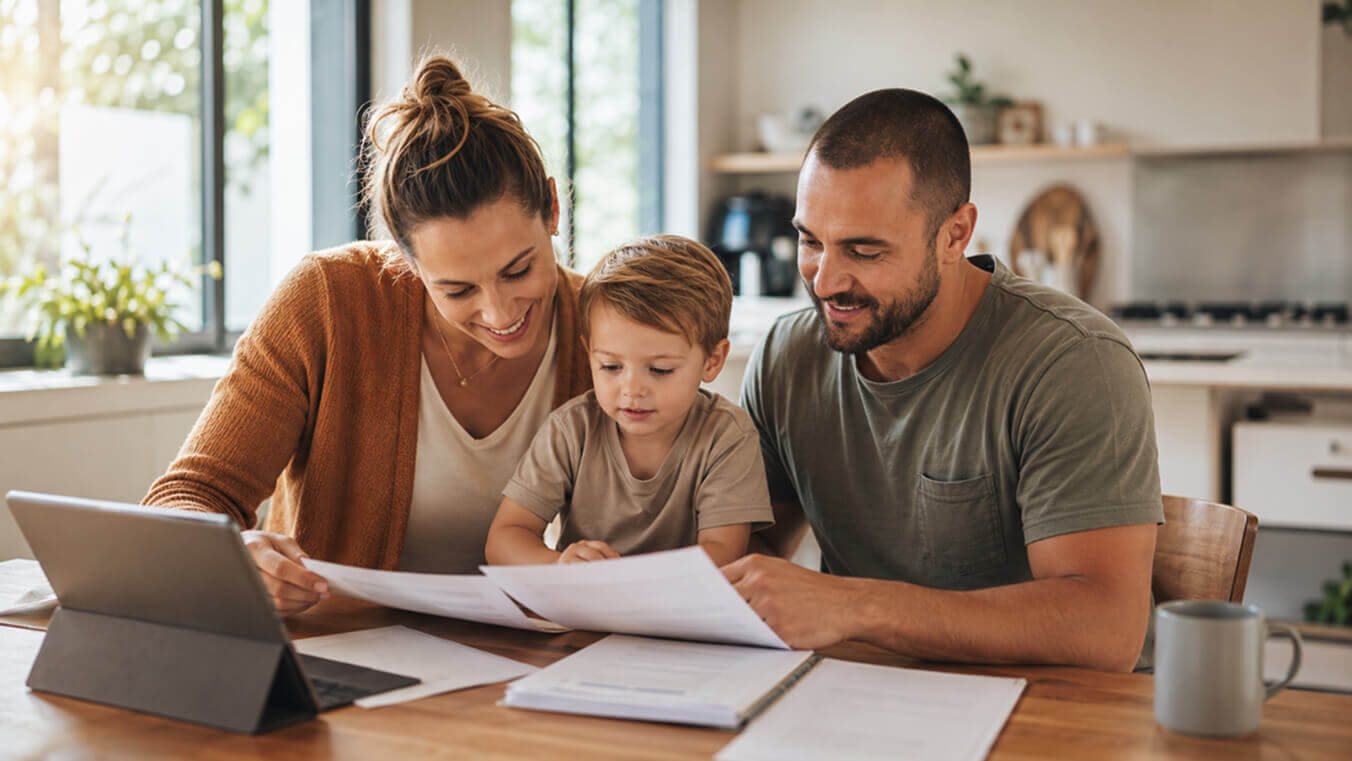 Young Australian veteran sitting with his partner and child at a kitchen table, reviewing DVA family support package information on papers and a laptop in a warm home setting.