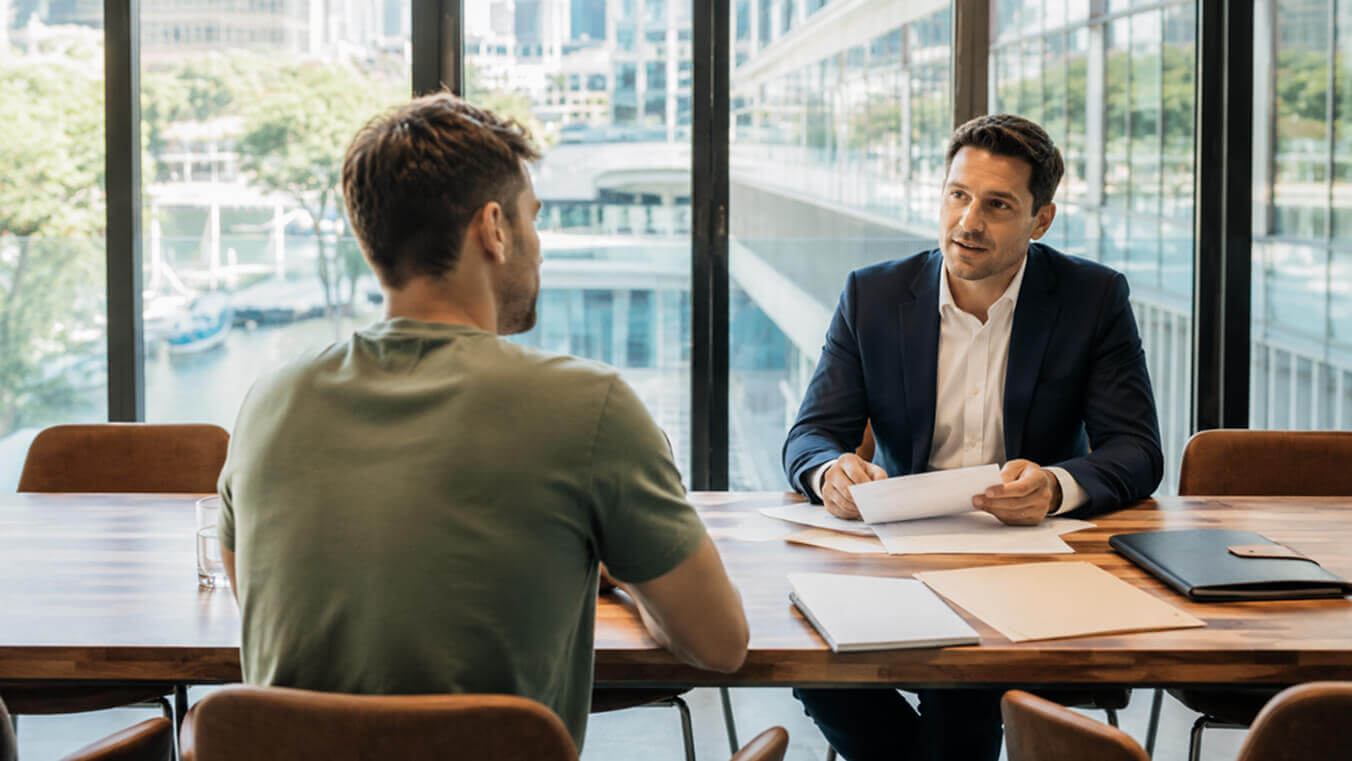 Young veteran seated across from a case worker in a modern office, discussing DVA family support package options with paperwork spread across the table.