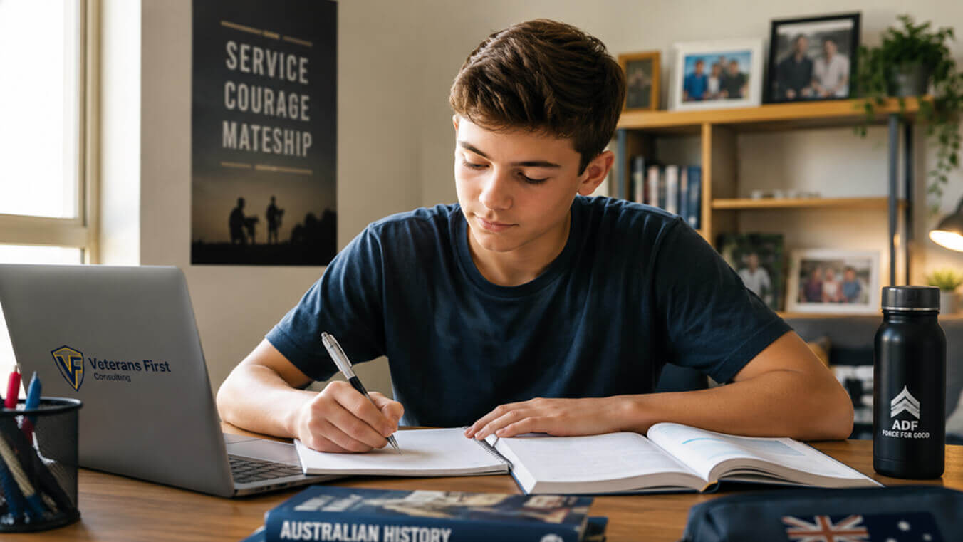 Young Australian veteran’s dependent child studying at a desk with textbooks, a notebook and a laptop, representing education support through a DVA education scheme.