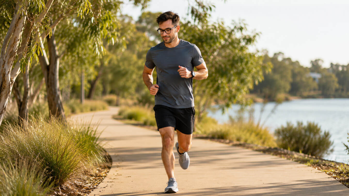 Young veteran jogging outdoors as part of the veterans heart health program in Australia.