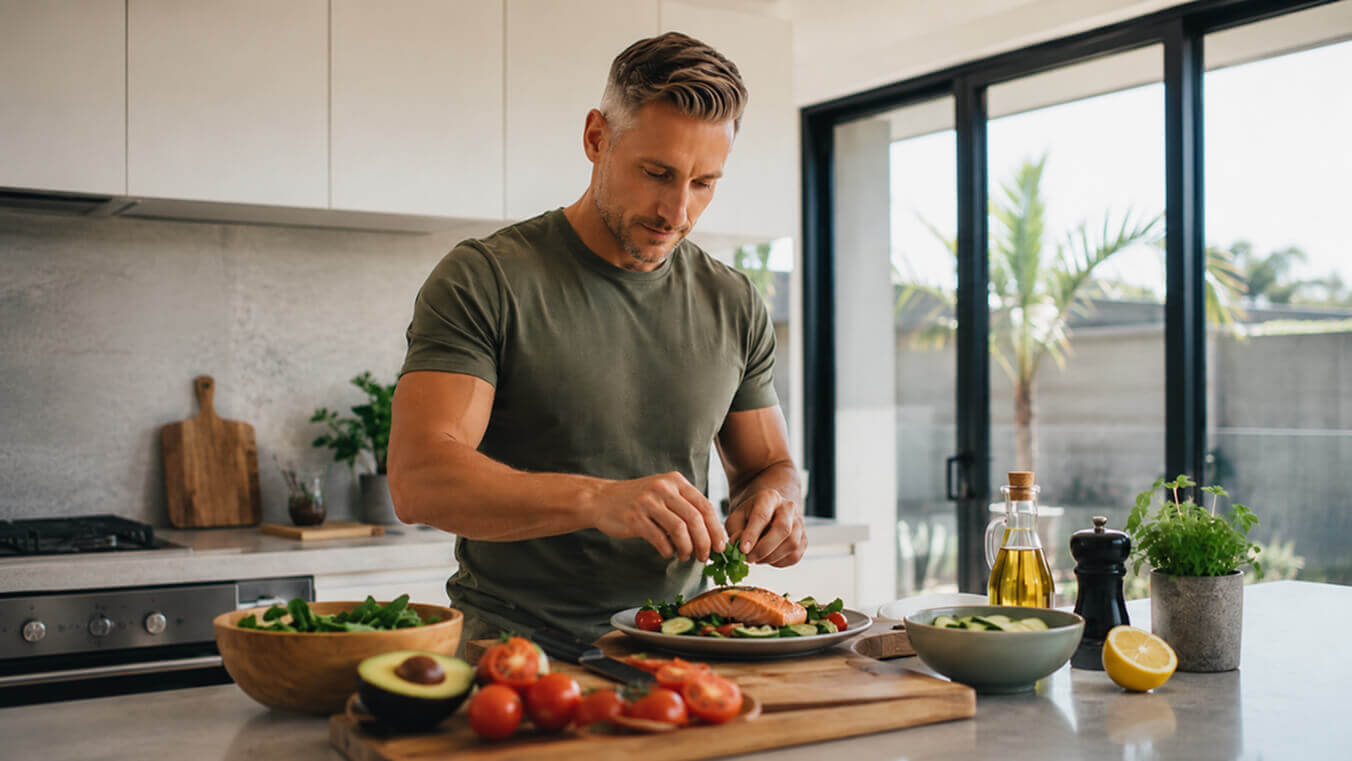 Veteran preparing a heart-healthy meal at home to support cardiovascular health.