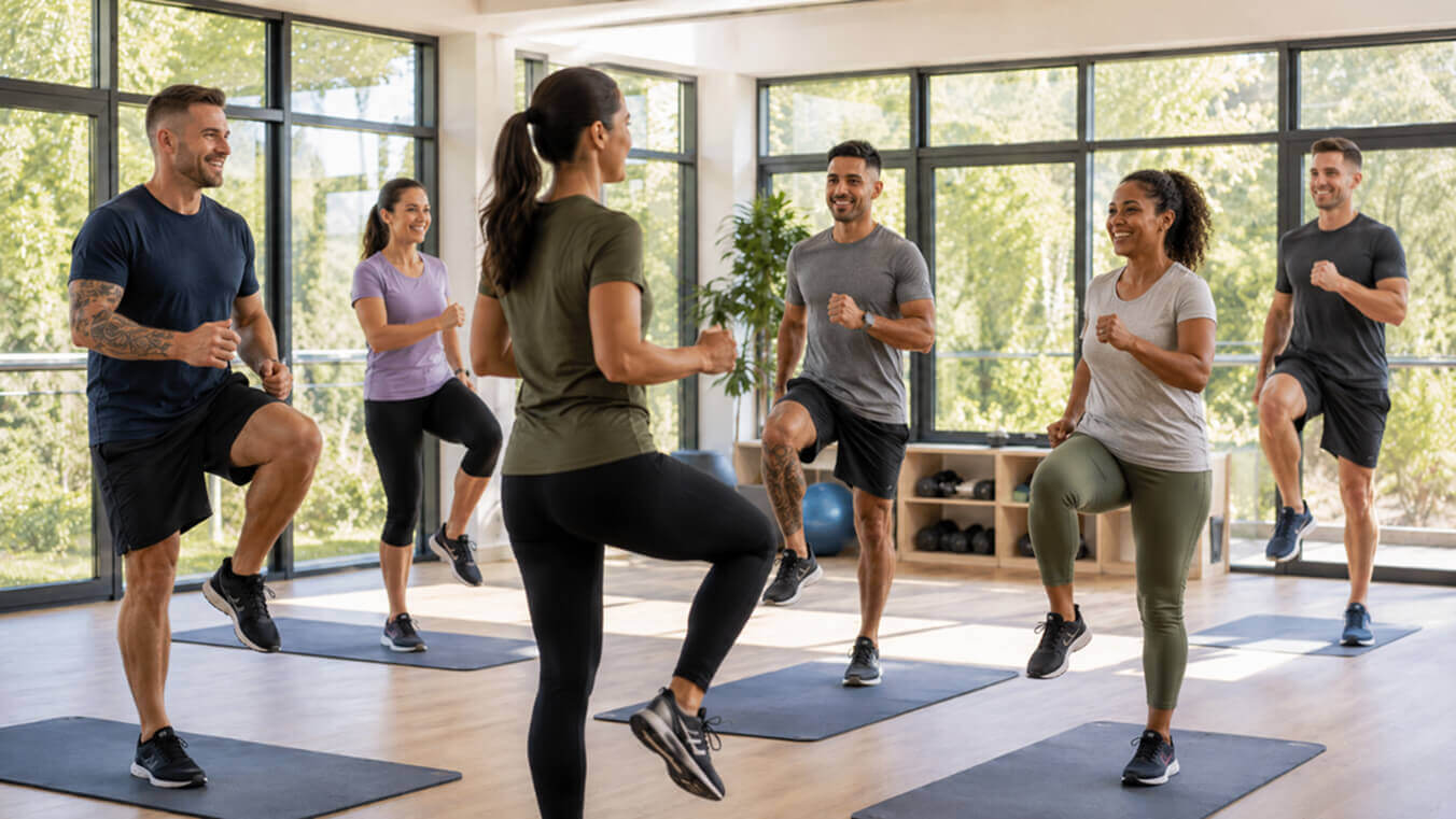 Veterans taking part in a group exercise session in the heart health program.