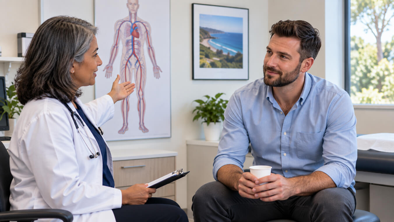 Young Australian veteran discussing erectile dysfunction with a urologist during a medical consultation, with a circulatory system chart displayed in the clinic.