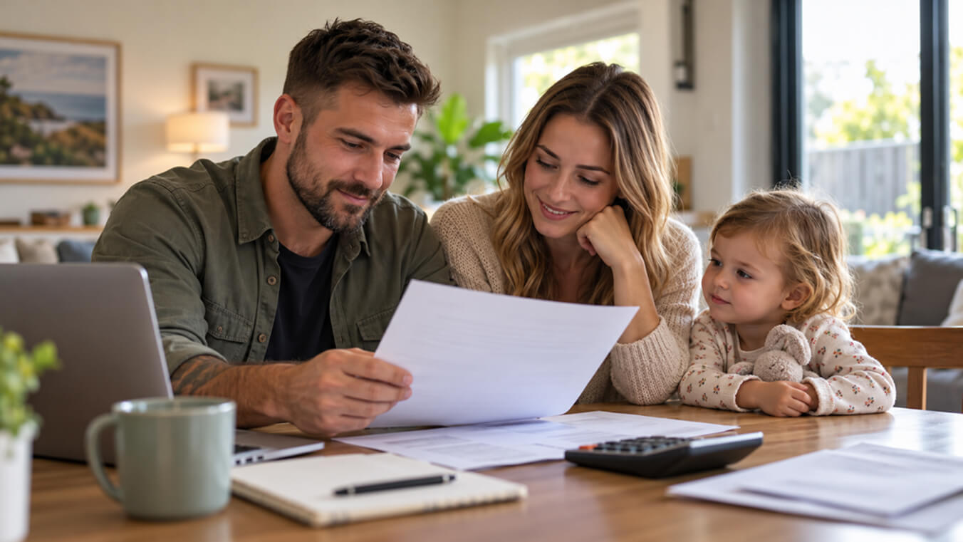 Young Australian veteran reviewing DVA compensation payout documents with his partner and child at home, considering the payout figure and its impact on their family's financial future.