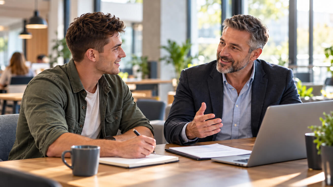 Young Australian veteran smiling while discussing career transition and personal development with an experienced veteran mentor during a supportive mentoring session at home.