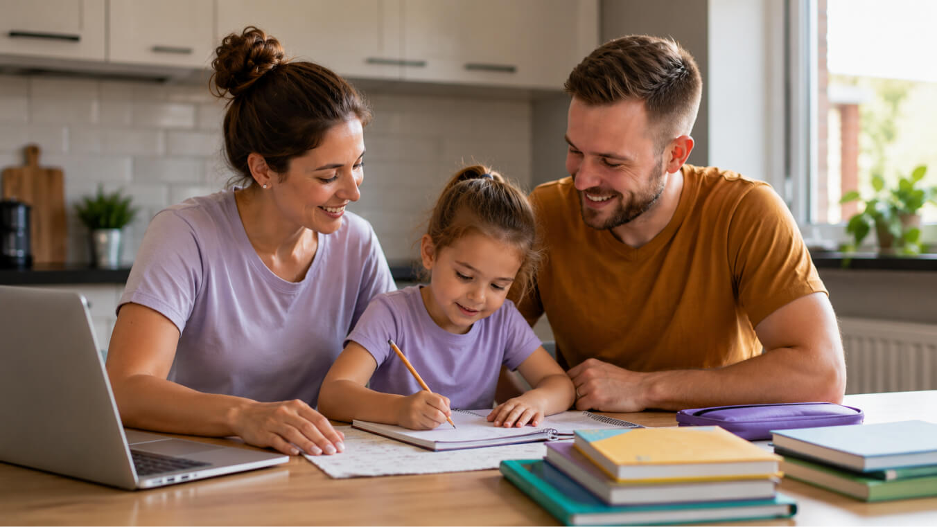 Veteran couple supporting their young daughter with schoolwork at home while reviewing education information relevant to DVA Gold Card dependent children.