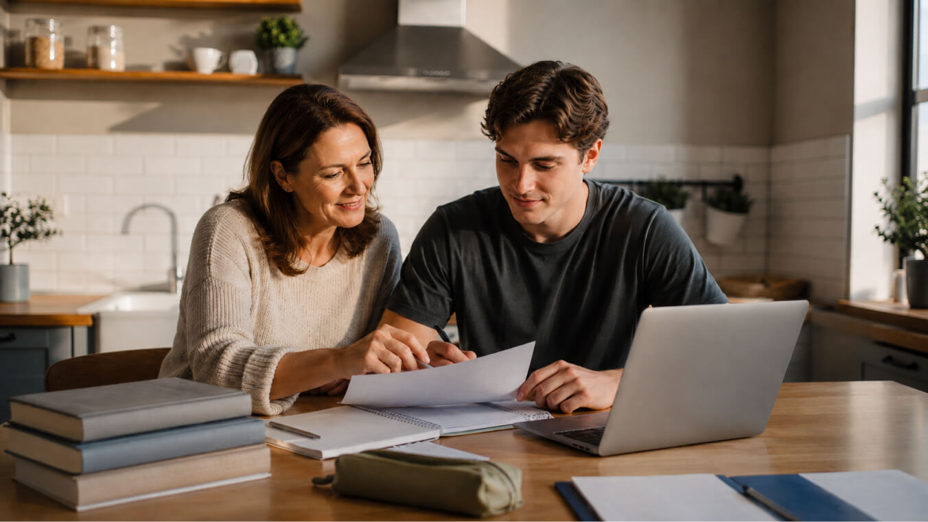 Mother helping her university-aged son review study documents and education support information for eligible young dependants under DVA.